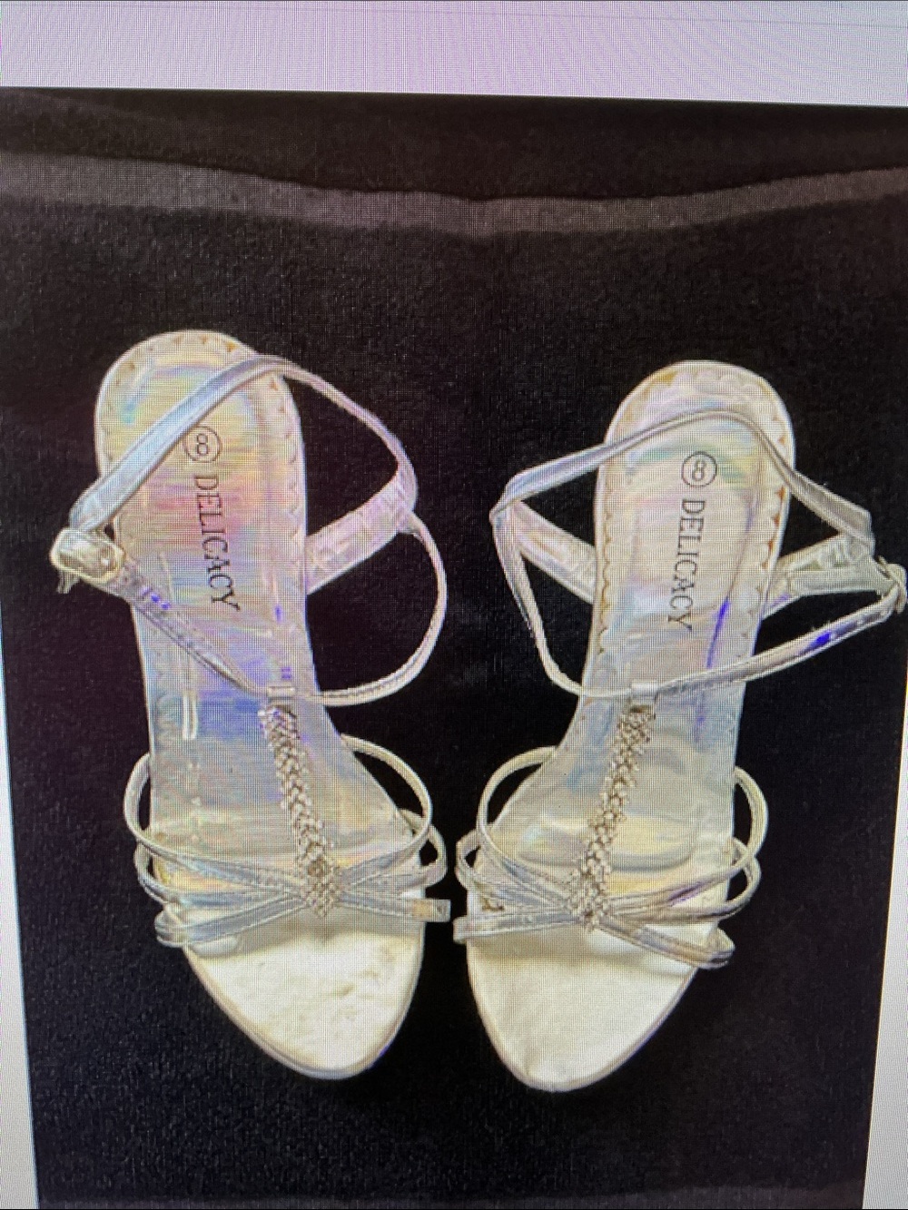 Delicacy Silver Iridescent Rhinestone T-Strap Sandals